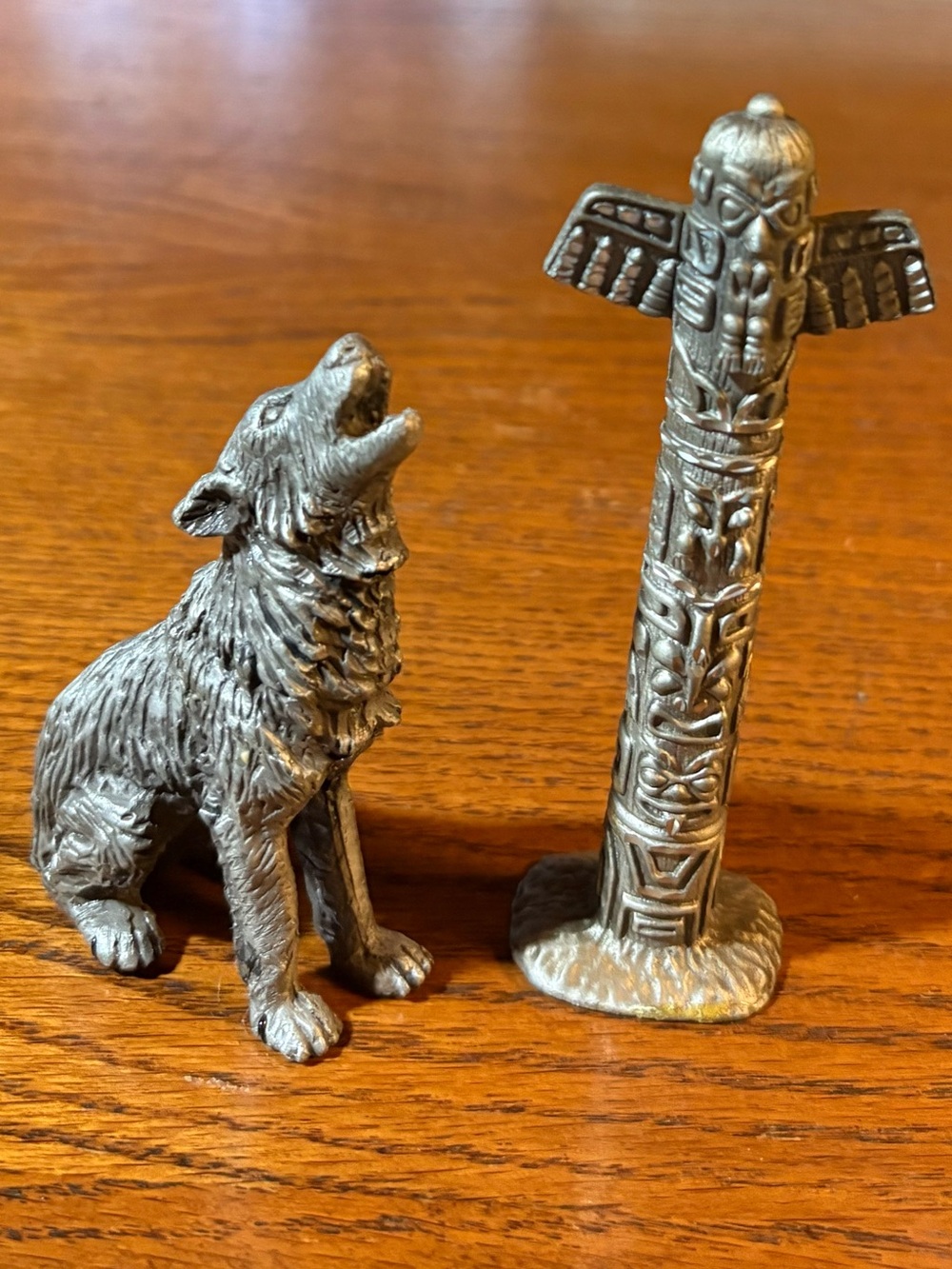 Pewter Wolf & Totem Pole Figurine Set